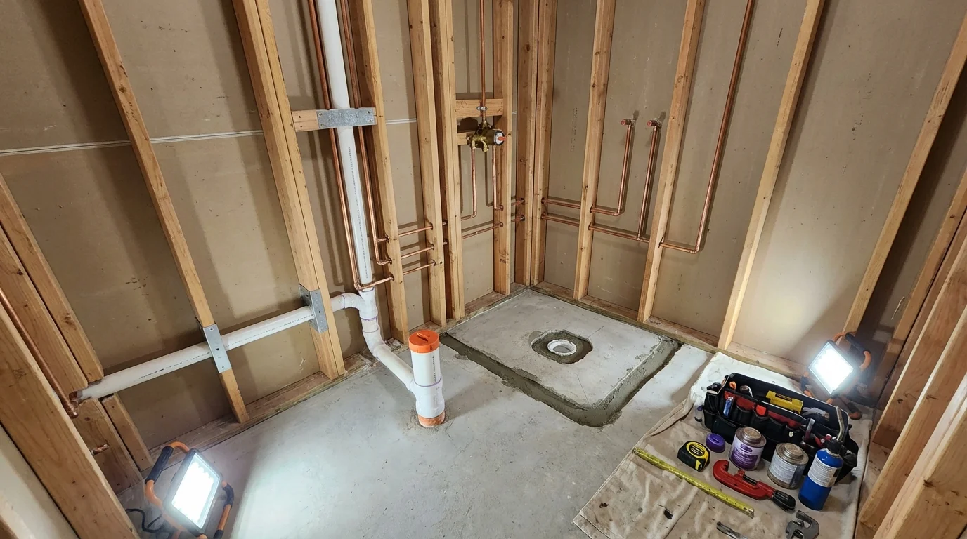 Bathroom rough-in plumbing during remodel by Johns Plumbing LLC in Osage City