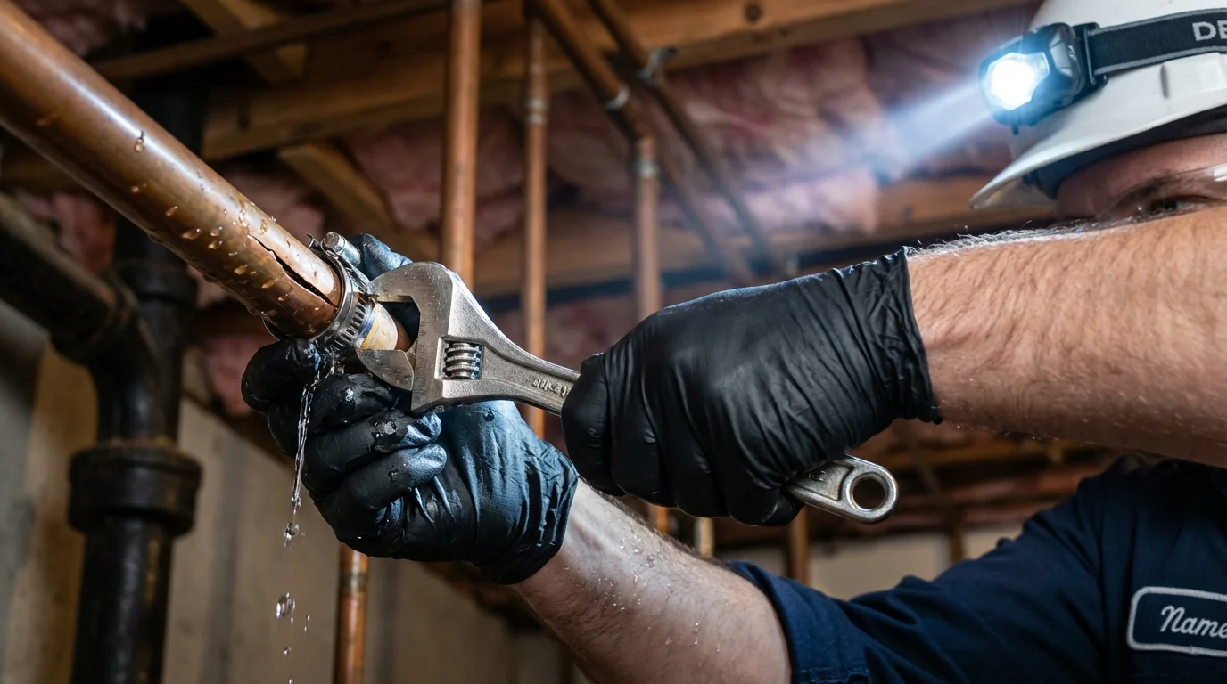 Emergency pipe clamp repair being performed by a Johns Plumbing LLC plumber in Osage City