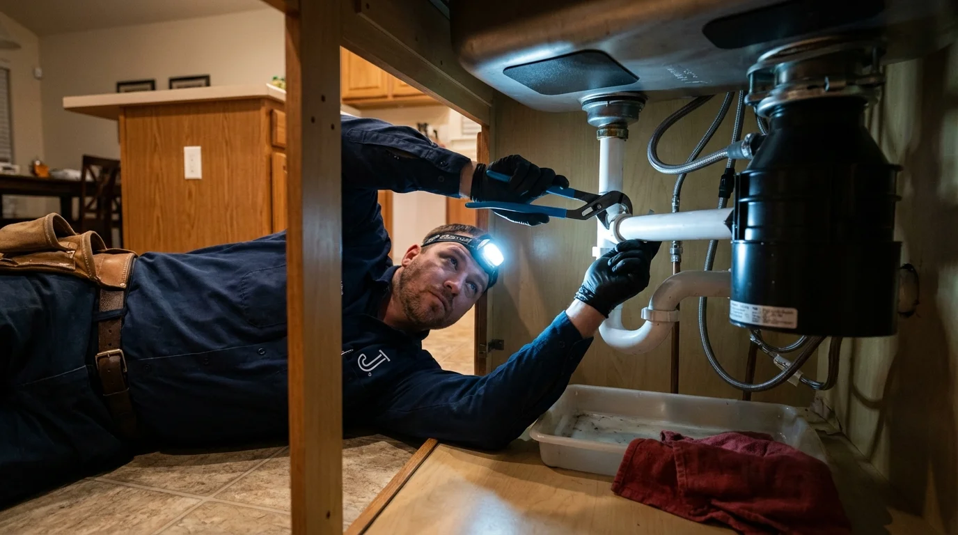 P-trap and supply line connections under a kitchen sink showing a common leak point in Osage City, KS